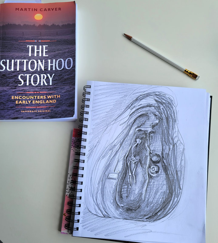 A picture of a book and a drawing about Sutton Hoo, and a link to a blog entry about how I love archeology.